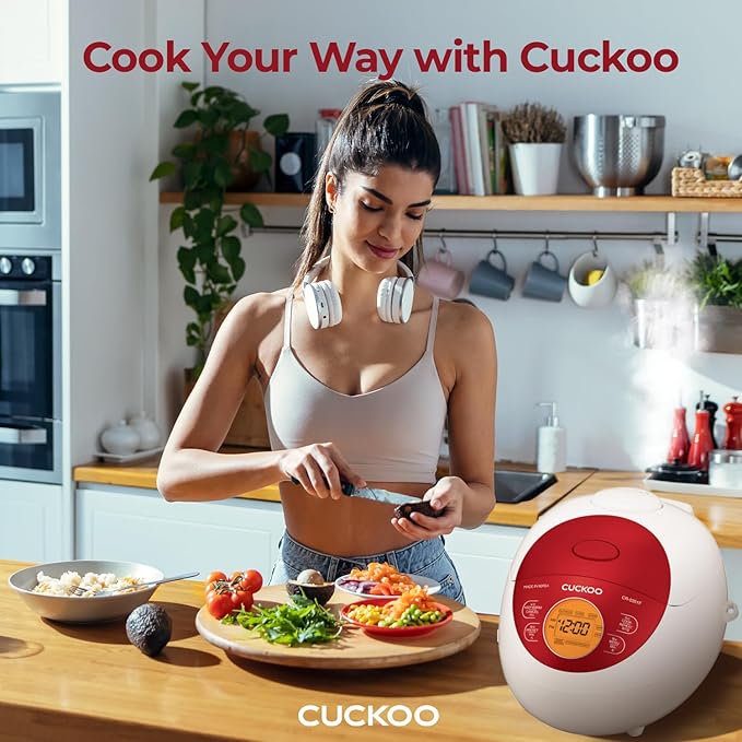 CUCKOO CR-0351FR 3-Cup (Uncooked) / 6-Cup (Cooked) Electric Warmer Rice Cooker with Nonstick Inner Pot, 5 Menu Modes, LCD Display, Fuzzy Logic Tech (Red)