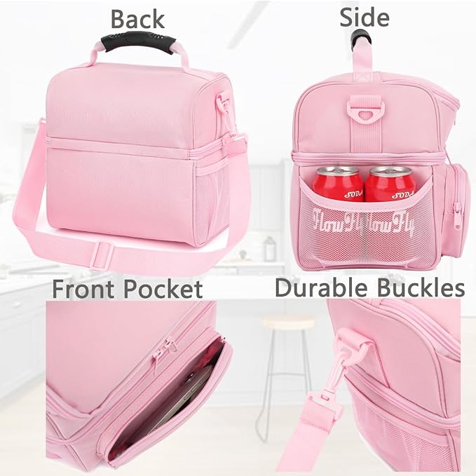 FlowFly Double Layer Cooler Insulated Lunch Bag Adult Lunch Box Large Tote Bag for Men, Women, With Adjustable Strap,Front Pocket and Dual Large Mesh Side Pockets
