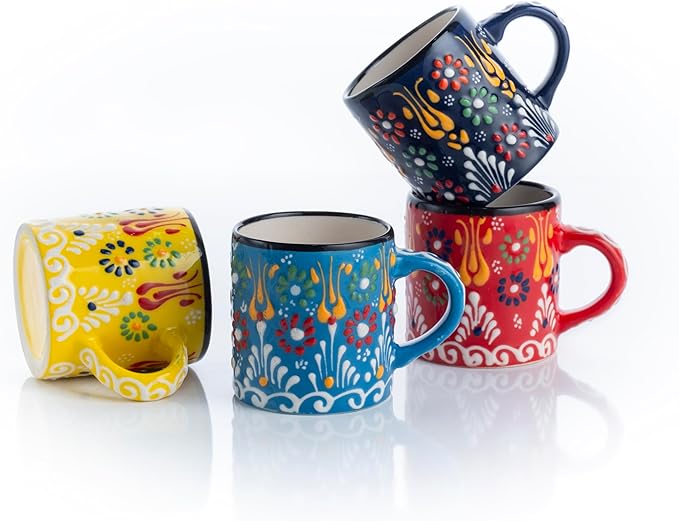 Ceramic Espresso Cups, 5 Oz Espresso Cups Set of 4, Handmade Espresso Cup, 2.75 Inch Espresso Mugs, Multicolor Demitasse Cups, Microwave & Dishwasher Safe Espresso Mugs, Coffe Mug (SULTAN'S GARDEN)