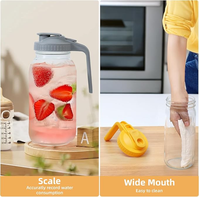 2 Pack Glass Mason Jar Pitcher - 64 oz/2 Quart Wide Mouth Jug with Lid and Pour Spout, Airtight Seal, Leak Proof Iced Tea Pitcher for Sun Tea, Juice, Breast Milk, Cold Beverages, Coffe