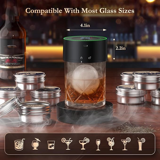 Electric Whiskey Smoker Kit-Rechargeable Cocktail Smoker Set with 6 Wood Chips - Unique Bourbon & Old Fashioned Drinks Smoker, Ideal Christmas, Birthday, Gifts for Men, Dad, Husband