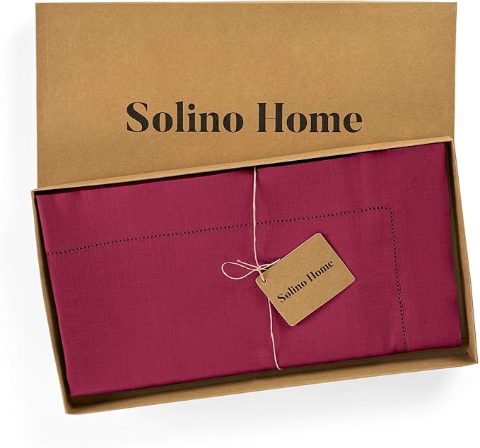 Solino Home Linen Tablecloth 52 x 52 Inch - 100% Pure Linen Beet Square Tablecloth - Classic Hemstitch, Machine Washable Table Throw for Summer, Fall, Autumn