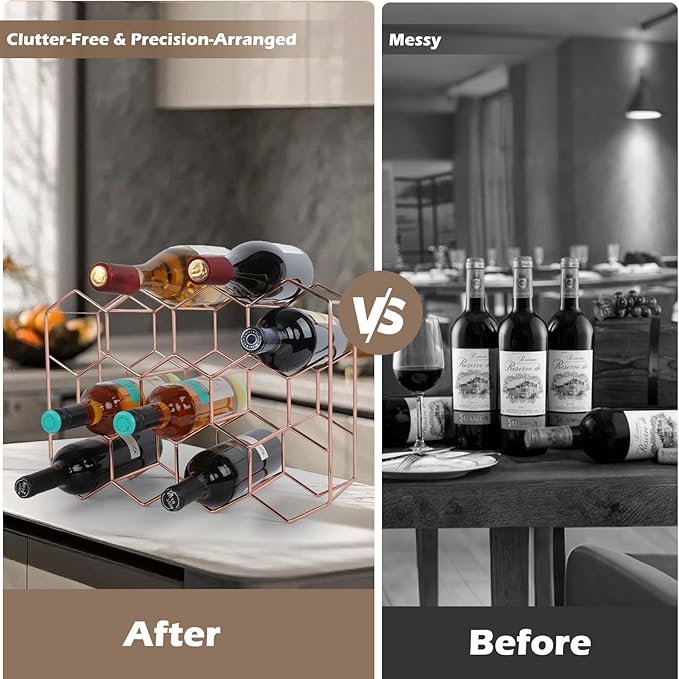 Rose Gold Wine Rack Countertop 14 Bottles, Geometric Stainless Steel Wine Bottle Holder,3 Tier Wine Racks for Cabinet Pantry Bar Table No Assembly Required