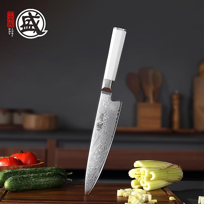 MITSUMOTO SAKARI Japanese Damascus Chef Knife, 8 Inch Kitchen Knife - Razor Sharp VG-Pro Steel Core, Precision Cutting for Meat & Veggies, Comfort Grip Ergonomic G10 Handle