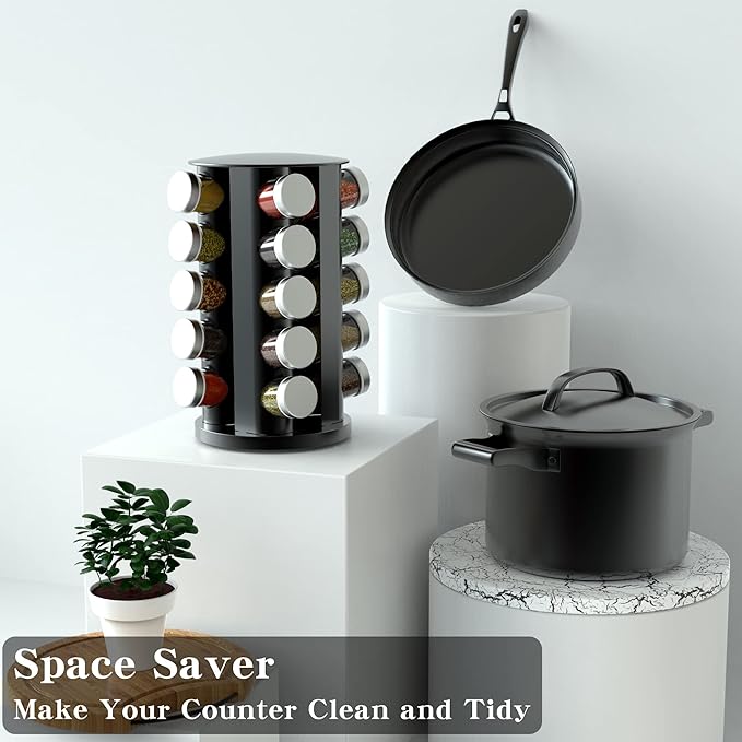Rotating Spice Rack Organizer for Cabinet, Spice Racks Storage with 20 Jars, Spinning Spice rack for Kitchen Countertop, Spice Holder,Seasoing Storage Racks,Black