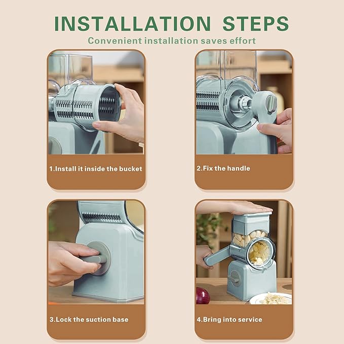 Rotary Cheese Grater with Hand Crank, 5 Interchangeable Blades Vegetable Slicer - Strong Suction Cup Base for Secure Use, Removable & Easy to Clean - Ideal for Cheese, Vegetables, Fruits, Nuts green