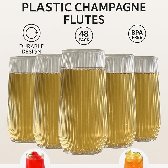 48 Pack Ribbed Ripple Stemless Toasting Glasses, Origami Durable 9 Oz BPA-Free Disposable Plastic Champagne Flutes for Weddings, Bars, Events, and Celebrations (Clear)