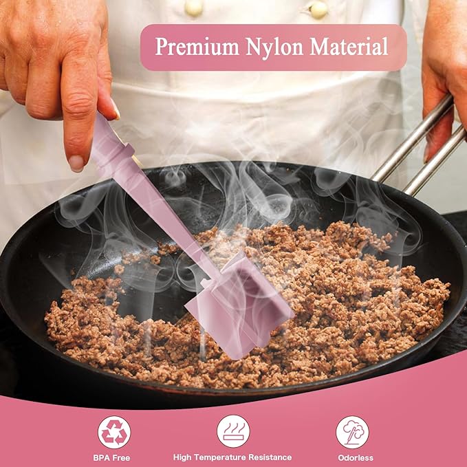 Meat Chopper, 5 Curve Blades Ground Beef Masher, Heat Resistant Meat Masher Tool for Hamburger Meat, Ground Beef, Turkey and More, Nylon Hamburger Chopper Utensil Non-scratch Utensils-Pink