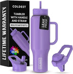 Coldest Tumbler with Handle and Straw - 100% Leak Proof Insulated Tumbler with Lid and Straw (3 Lids) - Stainless Steel Tumblers for Women & Men - Cup Holder Friendly Base, 46 oz (Galaxy Purple)
