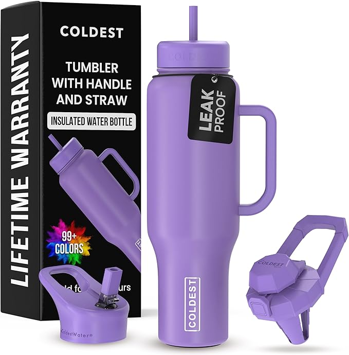 Coldest Tumbler with Handle and Straw - 100% Leak Proof Insulated Tumbler with Lid and Straw (3 Lids) - Stainless Steel Tumblers for Women & Men - Cup Holder Friendly Base, 46 oz (Galaxy Purple)