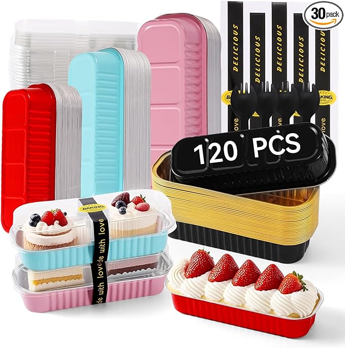 Mini Loaf Pans with Lids and Spoons Sealing Sticker,120 Pcs 6.8oz Cake Pans for Baking Disposable Aluminum Foil Red cake pan (mixed)
