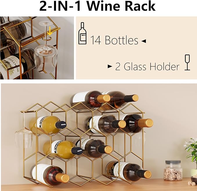 Urban Deco Countertop Wine Rack for 14 Bottles - No Assembly Required Modern Wine Bottle Holder Stand for Cabinet, Kitchen, Bar, Pantry - Gold Wire Wine Rack Inserts
