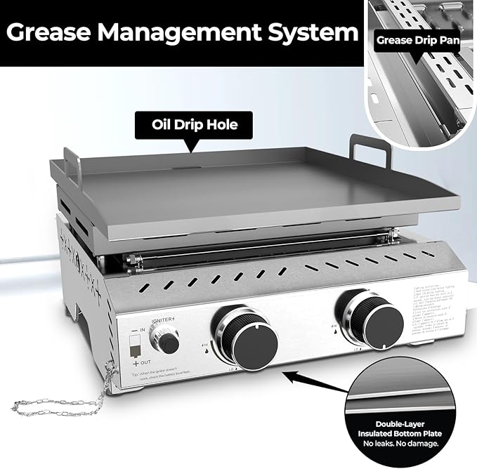 R.W.FLAME 2 Burner Tabletop Propane Griddle, 23" Stainless Steel Gas Griddle, 16,000 BTU Flat Top Grill for Outdoor BBQ,Camping & Patio Gatherings