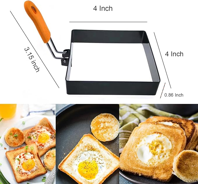 4 Inch Suqare Egg Rings for Frying Eggs,2 Packs 4" Square Egg Rings for Griddle, Stainless Steel Griddle Omelete Rings for Fried Eggs Muffin Tortillas Pancake Ring Crepes Ring with SiliconeHandle