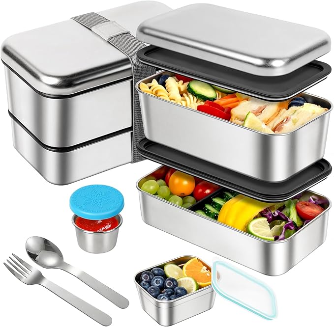 Stackable Stainless Steel Bento Box for Adults with Snack Container, Metal Leak-Proof Food Containers with Detachable Divider, Double Layer Bento Lunch Box for Work Travel, BPA-Free, Dishwasher Safe