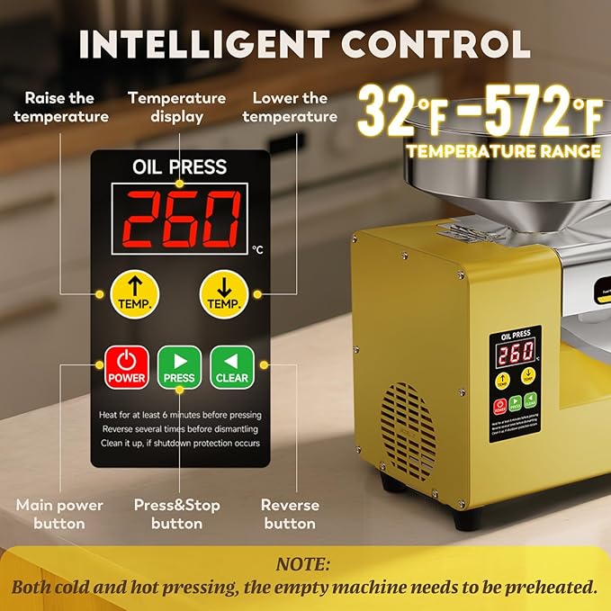 CGOLDENWALL Oil Press Machine, Automatic Oil Making, Electric Oil Extractor for Cold&Hot Pressing, Oil Maker with Intelligent Temperature Controller(32-572°F),Seeds Nuts Oil Expeller,CE(110V, US Plug)