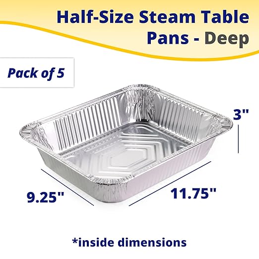 IDL Packaging Half-Size Aluminum Steam Table Pans - Deep, 13" x 11" x 3" (Pack of 5) - Disposable Foil Pan for Grilling, Roasting, BBQ, Cooking, Baking, Freezing