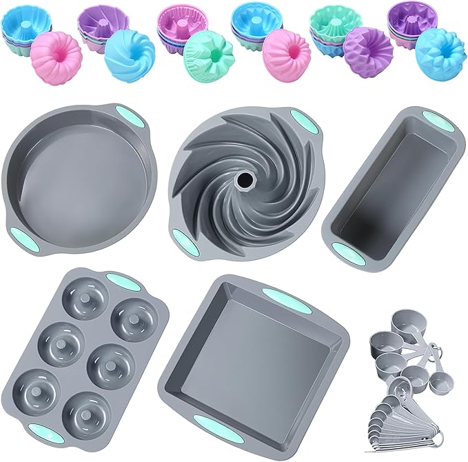 Tongjude 46 Piece Silicone Bakeware Set, Non-Stick Kitchen Oven Baking Pans, Silicone Cake Molds with Cake Mold, Chiffon Cake Pan, Donut Pan, Square Cake Pan and Loaf Pan