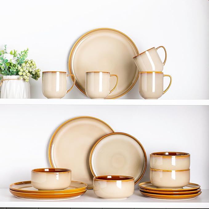 LERATIO Ceramic Dinner Plates Set of 6, 10.5 Inch Reactive Glaze Porcelain Plates, Modern Shape Dinnerware Dishes Set for Kitchen,Microwave&Dishwasher&Oven Safe, Scratch Resistant-Khaki