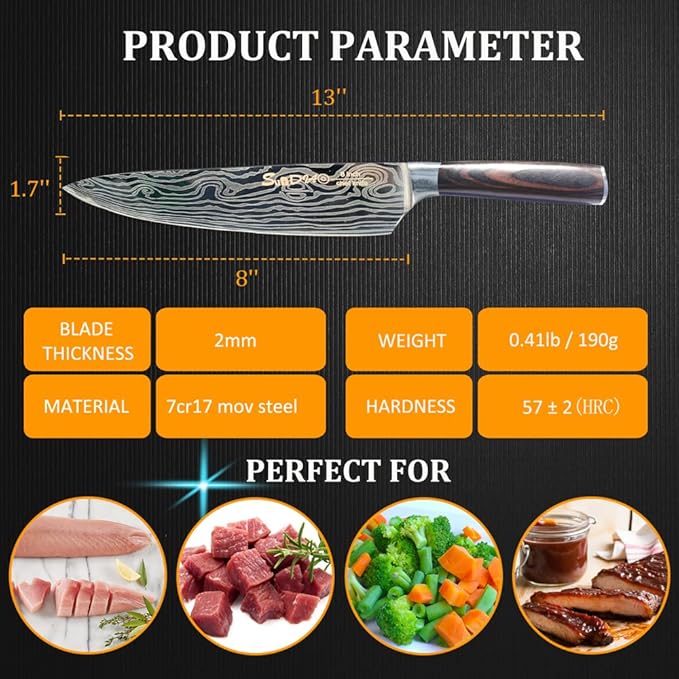 Chef Knife, Professional 8 Inch Kitchen Knife, High Carbon German Steel Ultra Sharp Knife with Ergonomic Handle, Japanese Chef's Knife Suit for Cooking & Cutting