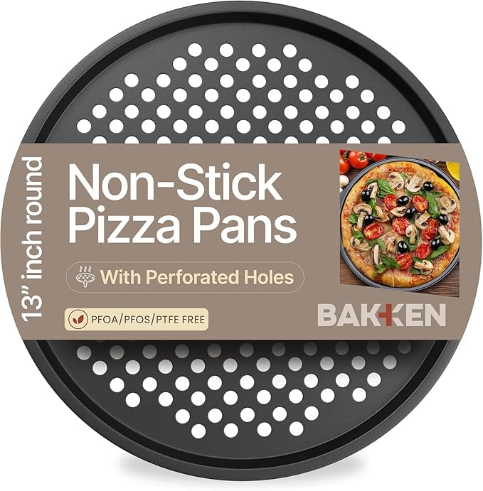 Bakken Pizza Baking Pan - Round Perforated Carbon Steel Pan with Non-Stick Marble Coating, Oversized Silicone Handle, Dishwasher Safe, High-Temperature Resistant, Durable & Easy Cleanup Gray, 1 Tray