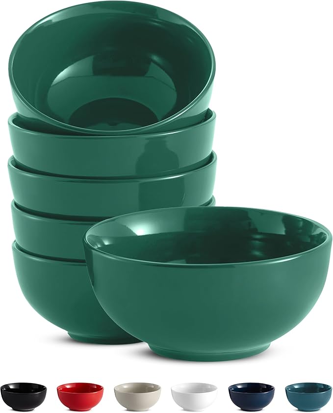 KooK Soup Bowls, Cereal Bowl, Ceramic, Bowls for Kitchen, Microwave, Dishwasher and Freezer Safe, Porcelain Dishes for Pasta, Salad, Oatmeal, Deep Interior, 20 oz, Set of 6, (Hunter Green)