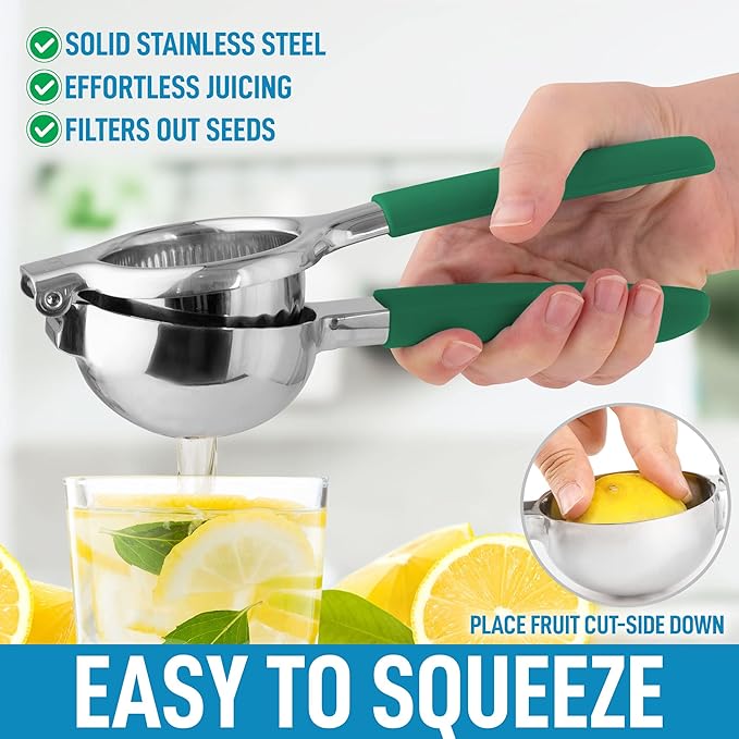 Zulay Lemon Squeezer Stainless Steel with Premium Heavy Duty Solid Metal Squeezer Bowl and Food Grade Silicone Handles - Large Manual Citrus Press Juicer and Lime Squeezer Stainless Steel (Green)