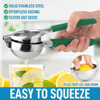 Zulay Lemon Squeezer Stainless Steel with Premium Heavy Duty Solid Metal Squeezer Bowl and Food Grade Silicone Handles - Large Manual Citrus Press Juicer and Lime Squeezer Stainless Steel (Green)