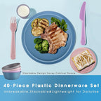 Pastel Plastic Dinnerware Set – 40-Piece Reusable Plates and Bowls Set for 8, Unbreakable Dishes with Cups, Knives, Forks, Spoons for Camping, Picnic, Kids, and Everyday Use