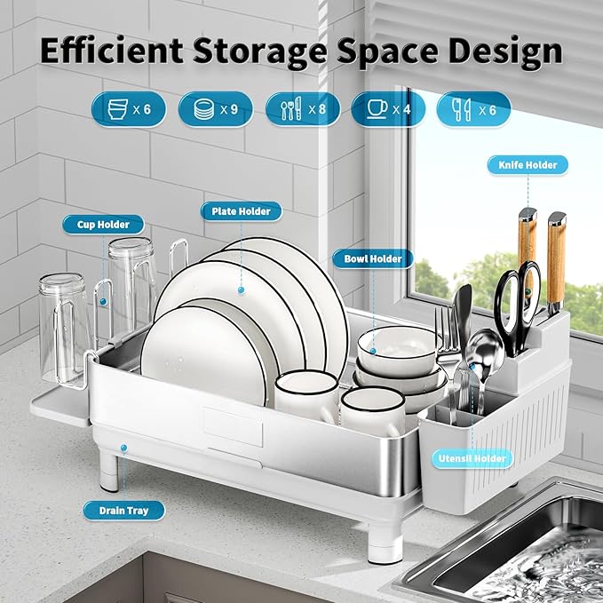 Dish Drying Rack, 304 Stainless Steel Dish Racks for Kitchen Counter, Dish Drainers with Automatic Drainage, Utensil Holder & Cups Holder, Space Saving Kitchen Organizer, White