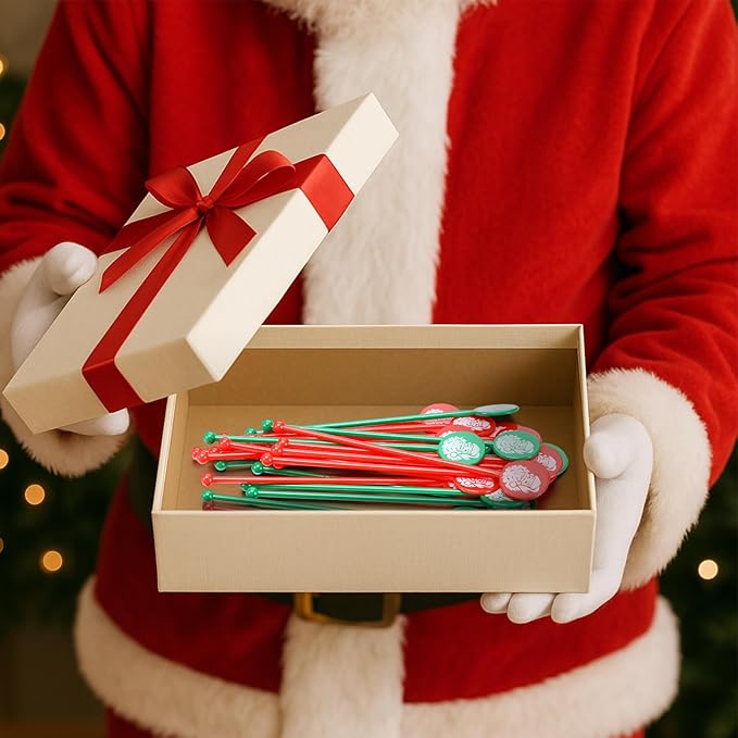 Chengu 100 Pcs Christmas Drink Stirrers Xmas Stir Sticks Bulk Holiday Coffee Stirrers Plastic Swizzle Stick Hot Cocoa Bar Supplies Chocolate Decoration Reusable Cocktail Mixer(Santa Claus)