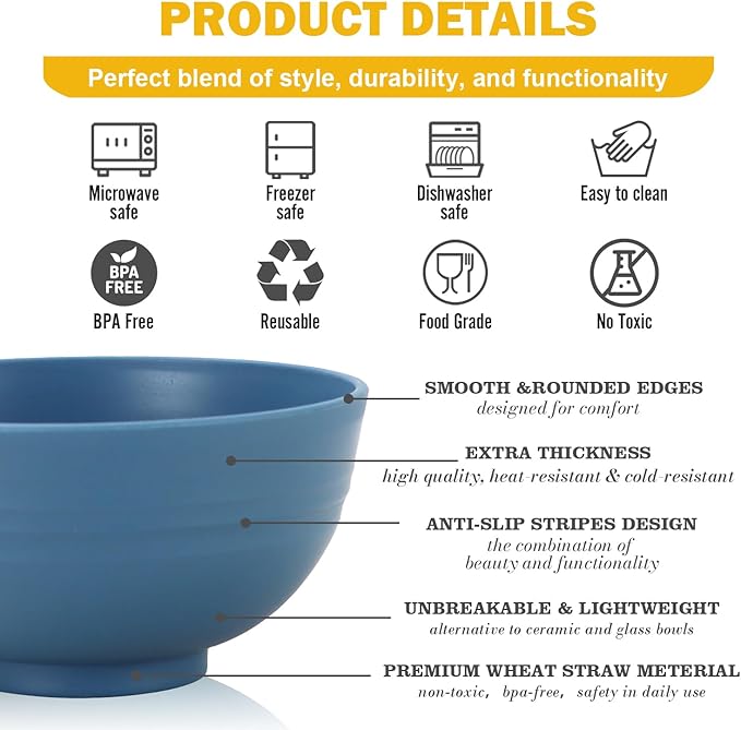 Wheat Straw Bowls, Unbreakable Small Bowls Set of 6, 10 OZ Mini Dessert Bowls for Ice Cream, Snack, Yogurt and Fruits, Microwave & Dishwasher Safe Small Bowl, Multi