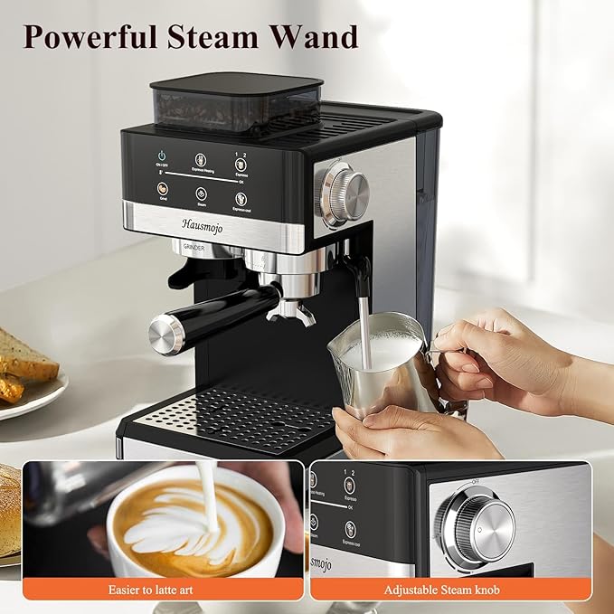 Espresso Machine with Grinder, 20Bar Expresso Coffee Machines with Milk Frother, Professional Compact Stainless Steel Coffee Maker for Espresso, Latte & Cappuccino, Perfect for Home Use