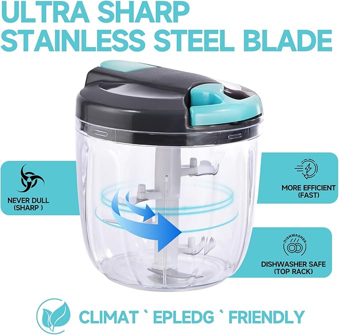 Manual Food Processor Vegetable Chopper, Portable Hand Pull String Garlic Mincer Onion Cutter for Veggies, Ginger, Fruits, Nuts, Herbs, etc., （900ml,Gray-blue）