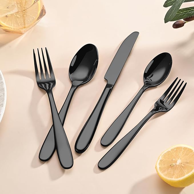 40-Piece Black Silverware Set, Flatware Set for 8, Food-Grade Stainless Steel Tableware Cutlery Set, Mirror Finished Utensil Sets for Home Restaurant, Forks Spoons and Knives Set, Dishwasher Safe