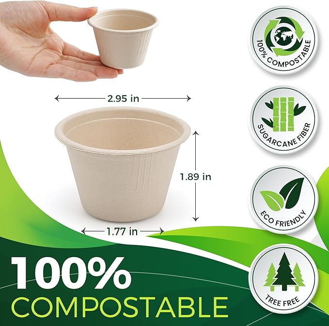 4oz Disposable Paper Bowls [100-Pack], Sturdy Small/Mini Paper Cups, Perfect for Dip Sauce, Tasting and Snacks, 100% Compostable Sample Cups