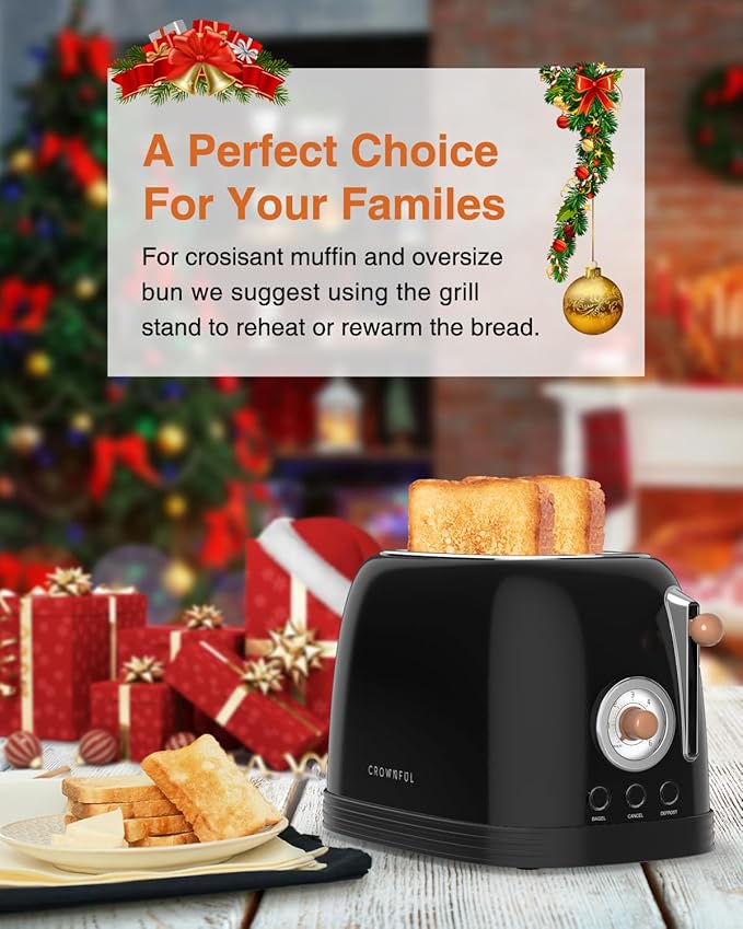 CROWNFUL 2-Slice Toaster, Extra Wide Slots Toaster, Retro Stainless Steel with Bagel, Cancel, Defrost, Reheat Function and 6-Shade Settings, Removal Crumb Tray, Black