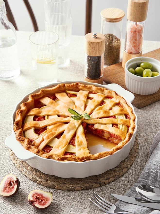 Ceramic Pie Pan For Baking,13Inch Round Baking Dish With Double Handle,Pie Plate With Ruffled Edge-Microwave, Dishwasher, and Oven Safe
