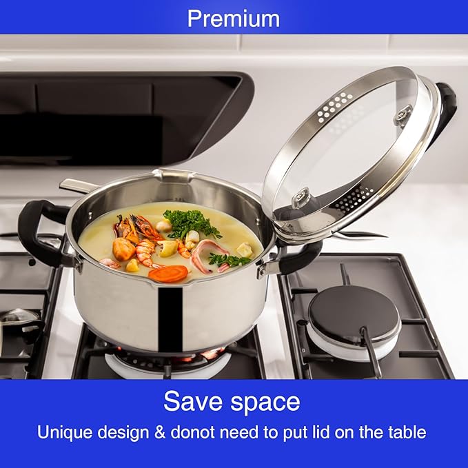Stainless Steel Cookware Pasta Pot by Cyrder – 3 Quart, Strainer in Glass Lid, Two Side Spouts, Capsule Bottom Stock Pot, Durable & dishwasher safe