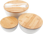 Salad Bowls Set of 3 with Lid & Serving Utensils, Bamboo Fiber Mixing Bowls Set Large Serving Bowls & Storage Set with Bamboo Lid for Salad, Kitchen Eating, Pasta, Popcorn, Chips, Fruit, White
