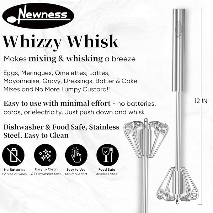 Newness Whizzy Whisk, Stainless Steel Semi Automatic Blender for Home -Versatile Tool for Egg Beater, Milk Frother, Hand Push Whisk - Kitchen Utensil for Blending, Whisking, Beating & Stirring