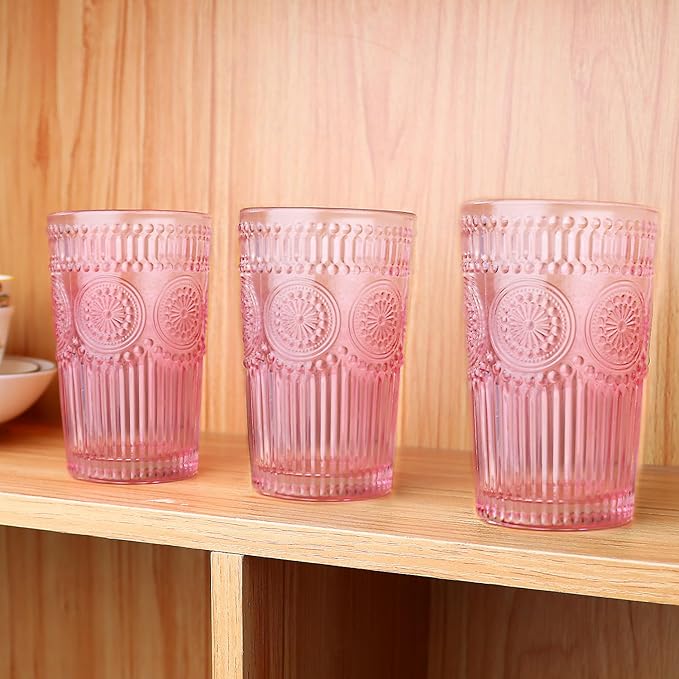 6pcs Vintage Drinking Glasses Set, 12 oz Pink Highball Glasses, Embossed Ribbed Glassware Cups for Cocktail, Water, Juice, Coffee, Whiskey