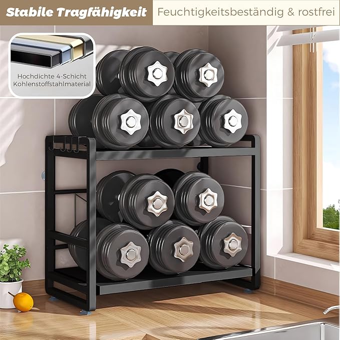 2-Tier Microwave Rack - Height Adjustable & Extendable Kitchen Shelf with Drawer - Carbon Steel - Includes Hooks & Reinforcement Suction Cups - Easy Assembly (Black)