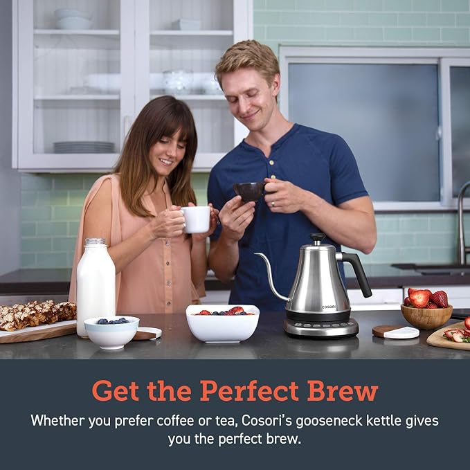 COSORI Gooseneck Electric Kettle with 5 Variable Presets, Pour Over & Coffee maker, 100% Stainless Steel Inner Lid & Bottom, 1200 Watt Quick Heating, 0.8L, Silver