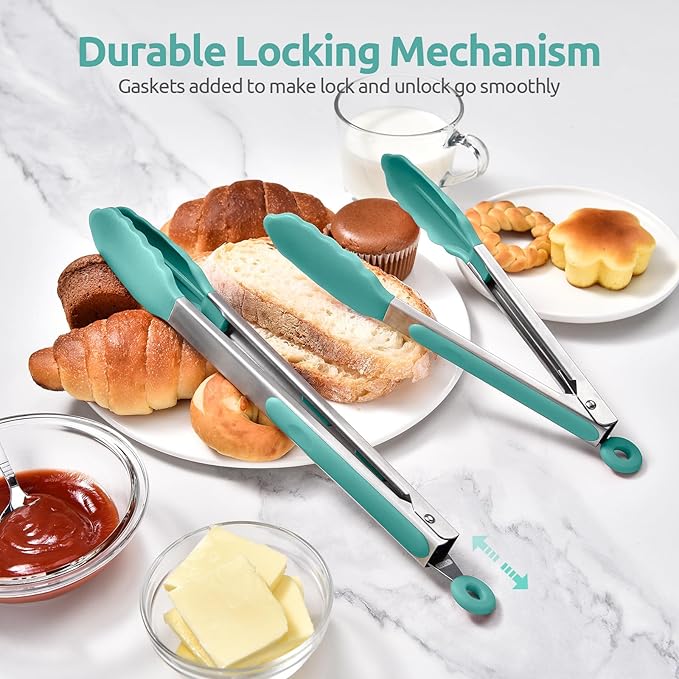 600ºF Heat Resistant Kitchen Tongs: U-Taste 9+12 inch Silicone Cooking Tong Set with Firm Sealed Non Stick Rubber Tips and Silicon Coated 18/8 Stainless Steel Handle for Serving Grilling (Aqua Sky)