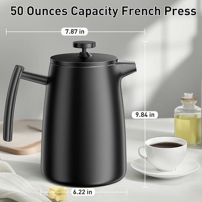 Secura 50oz French Press Coffee Maker – 304 Stainless Steel, Insulated Coffee Press with Extra Filter, Black
