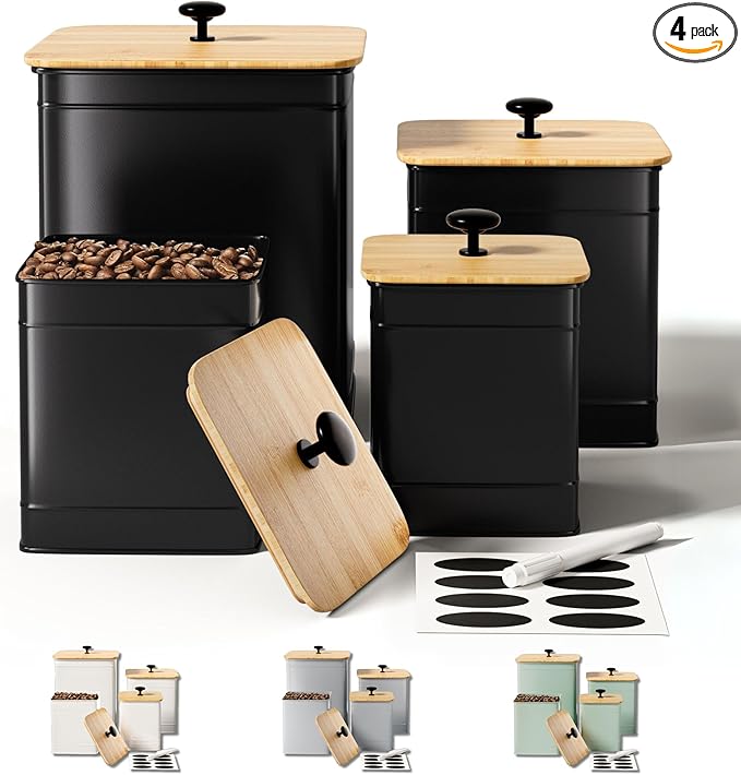 Kitchen Canisters for Countertop Set of 4 with Customizable Chalkboard Labels & Marker Pen - Big Iron Kitchen Canisters with Airtight Lids - Black Canister Set - Flour and Sugar Containers Farmhouse