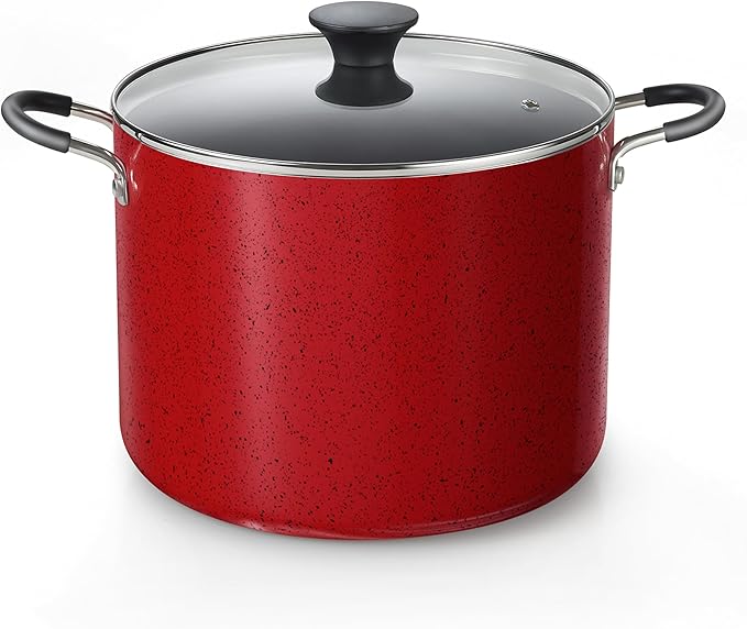Cook N Home Nonstick Stockpot with Lid 10.5-QT, Professional Deep Cooking Pot Canning Cookware Stock Pot with Glass Lid, Marble Red