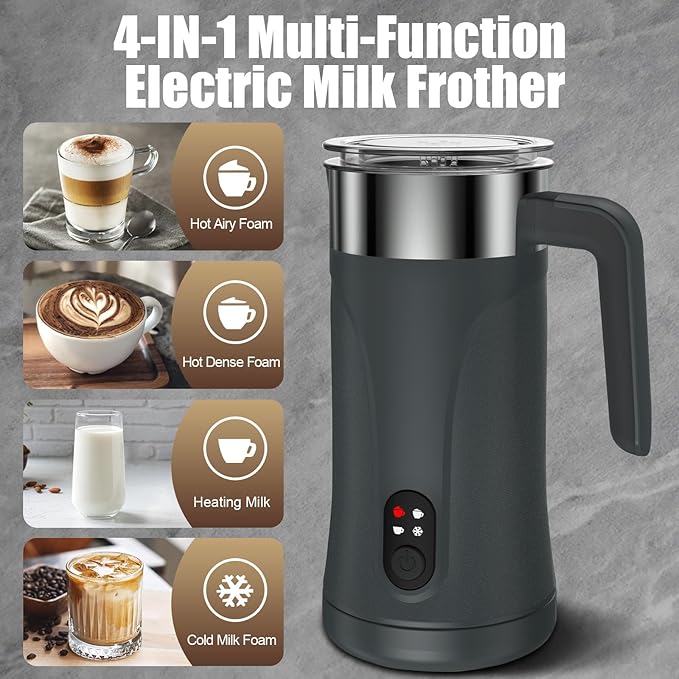 Milk Frother, 4-in-1 Milk Frother and Steamer, 10.1oz/300ml Automatic Hot and Cold Foam Maker and Milk Warmer, Electric Milk Frother for Coffee, Latte, Cappuccino, Matcha(Slate Gray)