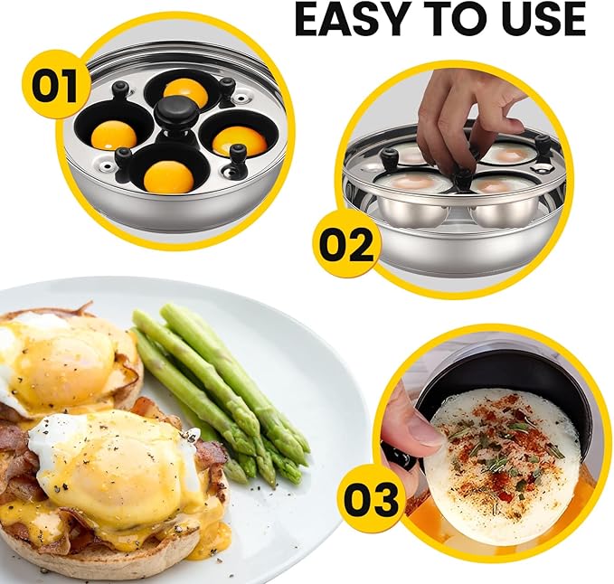 MARSKITOP Egg Poacher Pan Nonstick 4 Eggs, Poached Egg Pan Stainless Steel Poached Egg Cooker, Egg Poaching Pan PFOA Free, Poached Egg Maker with Nonstick Poached Egg Cups